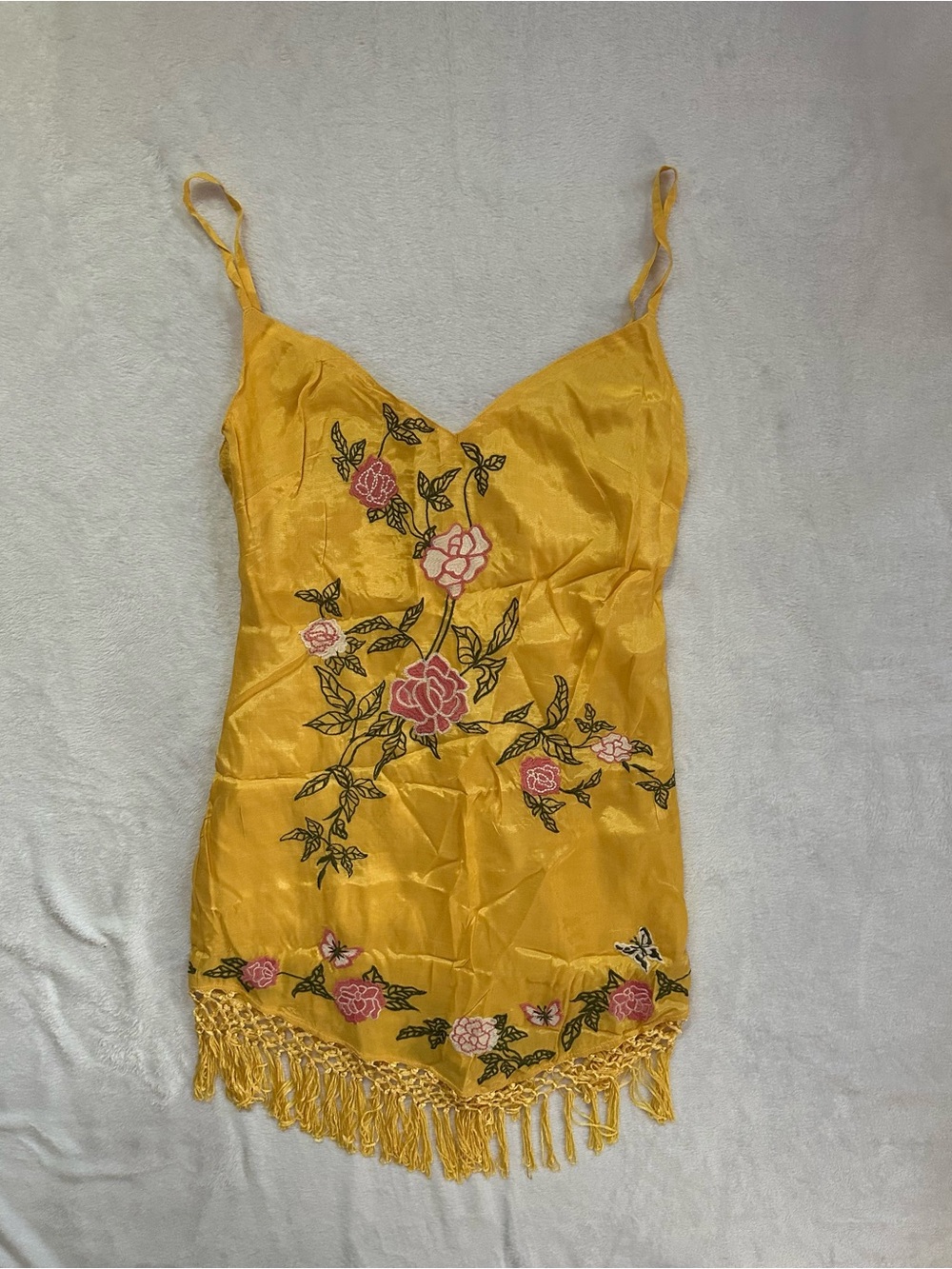 Urban Outfitters Carmen Embroidered Fringe Mini Dress in Yellow XS Festival Boho